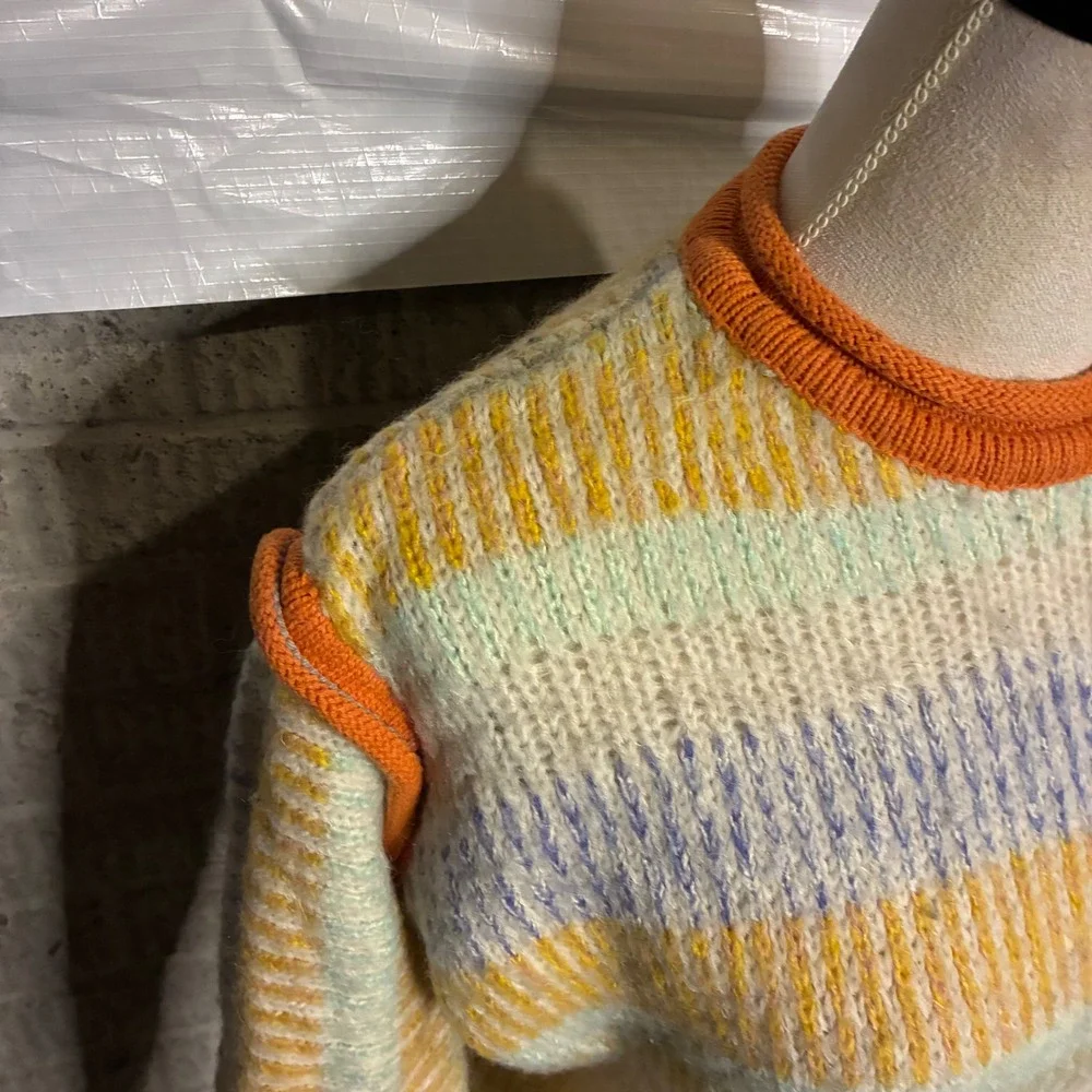 Urban Outfitters Womens Striped Knit Sweater Orange Yellow Blue XS Exposed Seam‎